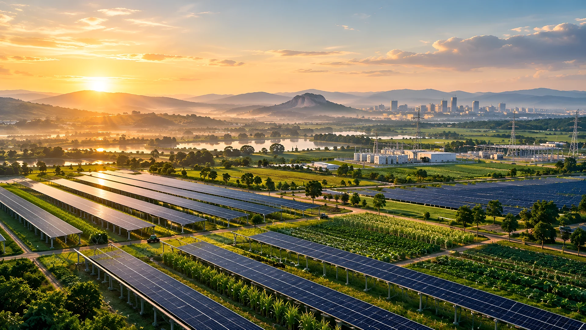 Raised solar rows above cultivated farmland at sunrise