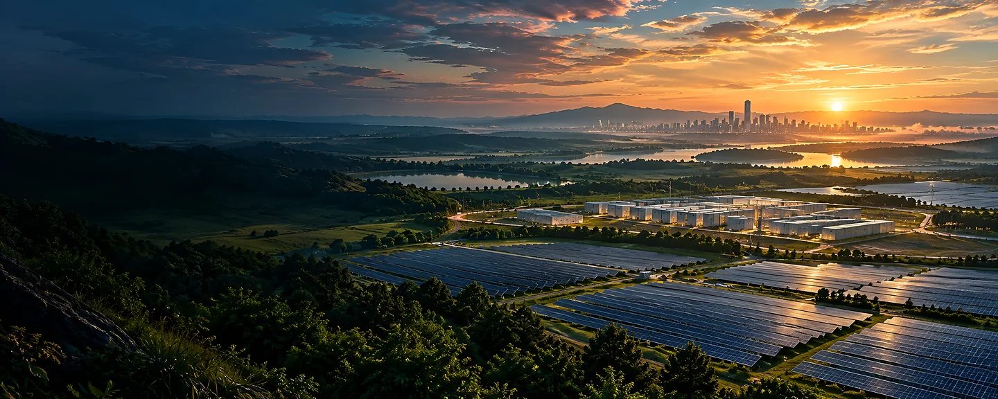 Solar fields and clean industry at sunset beside a city