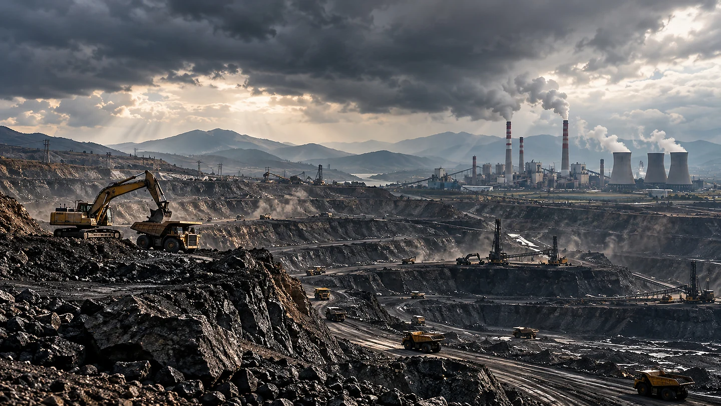 Illustration of a coal mine and smoking industrial chimneys