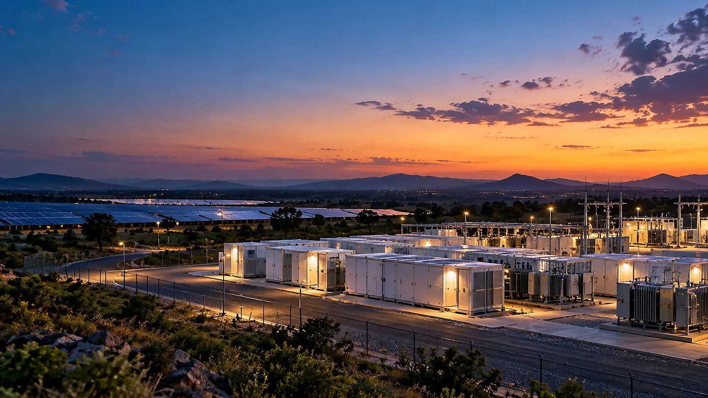 Battery storage containers at sunset